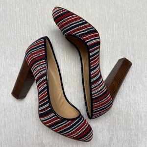 J.Crew Pumps Womens Size 9 Red Blue Etta Stacked Fabric Block Heel Slip On Party